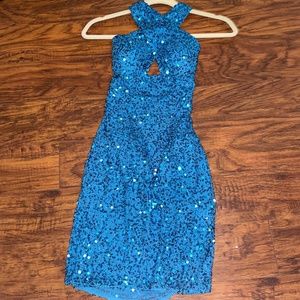 Turquoise Sequence Short Key Hole Dress- Sherri Hill